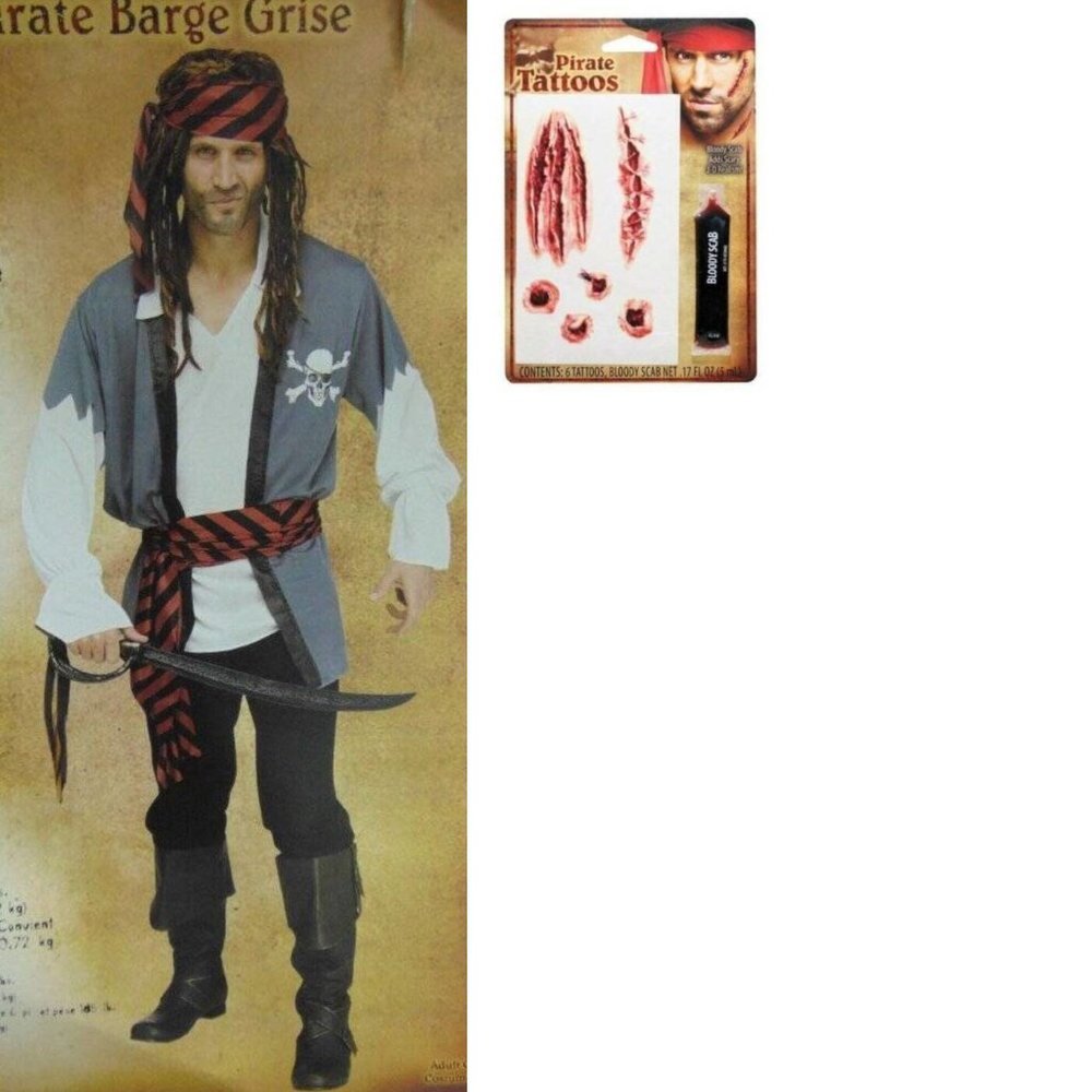 Pirate & Tattoos Halloween Costume Grey Beard 4 Pc Shirt, Bandana, Sash Mens OS
